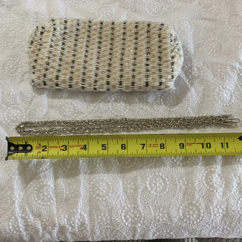 Moni Couture stunning ivory bronze beaded clutch shoulder evening formal bag EUC